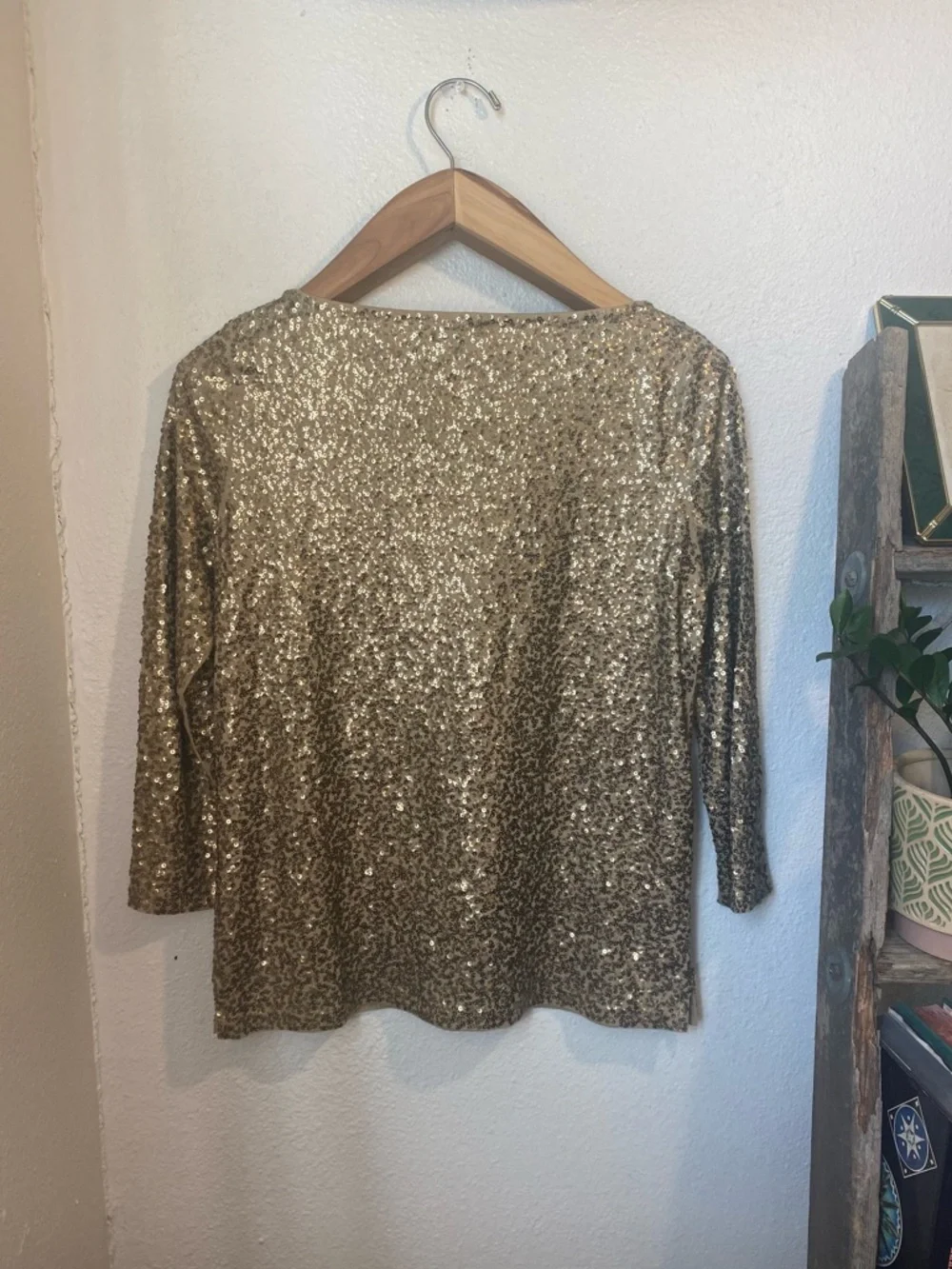 J.Crew Champagne Gold Sequin Glimmer Top Boatneck Long Sleeve Size Small